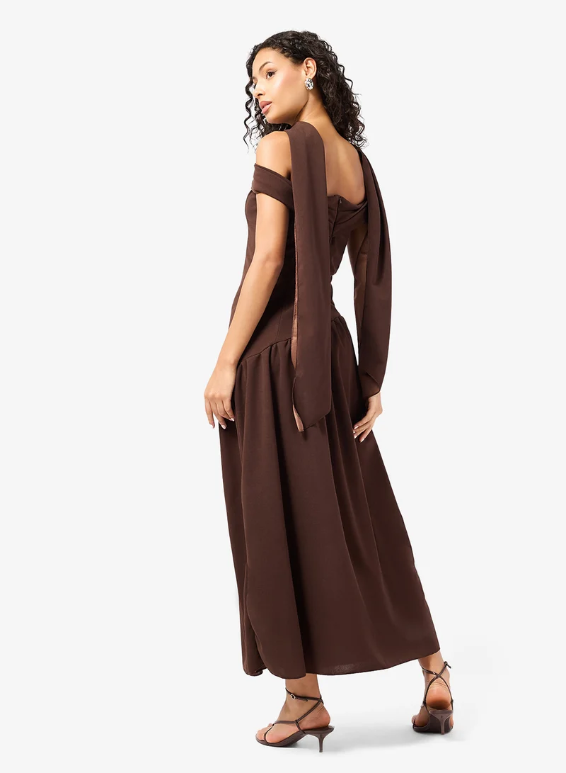 جينجر Off Shoulder Drop Waist Dress with Scarf